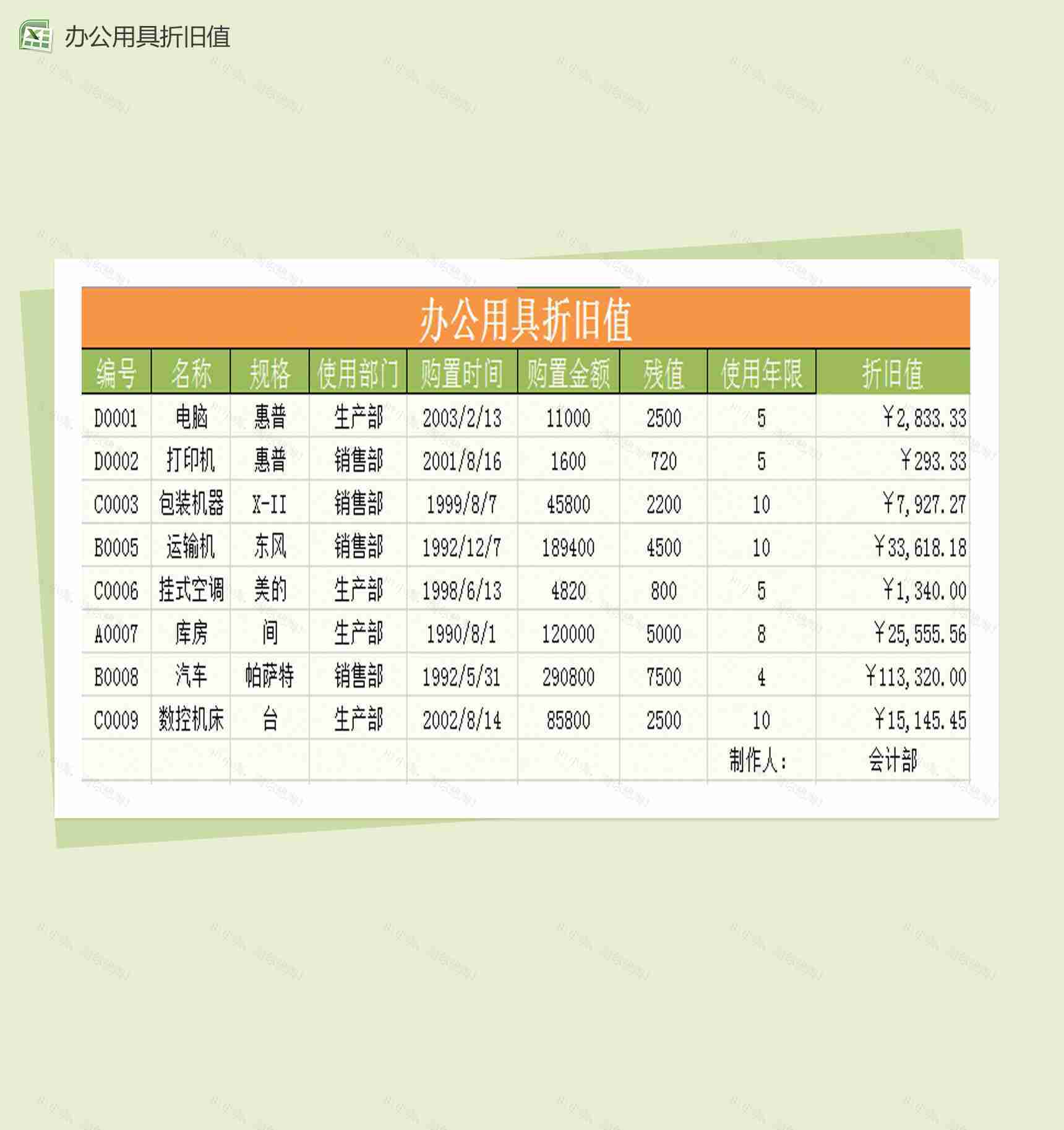 办公用具折旧值Excel通用模板-1