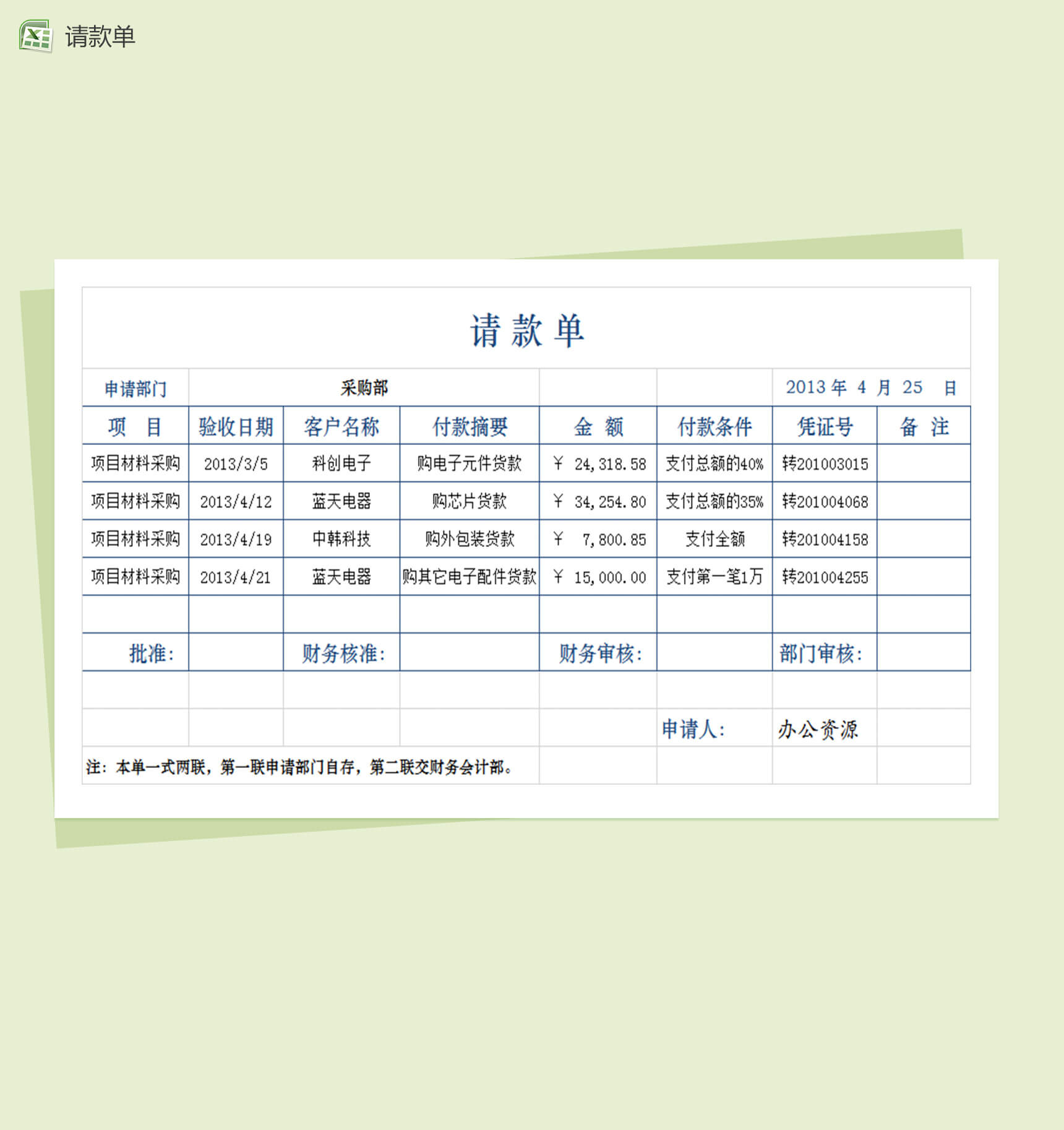 差旅费请款单 缴款单表格Excel模板