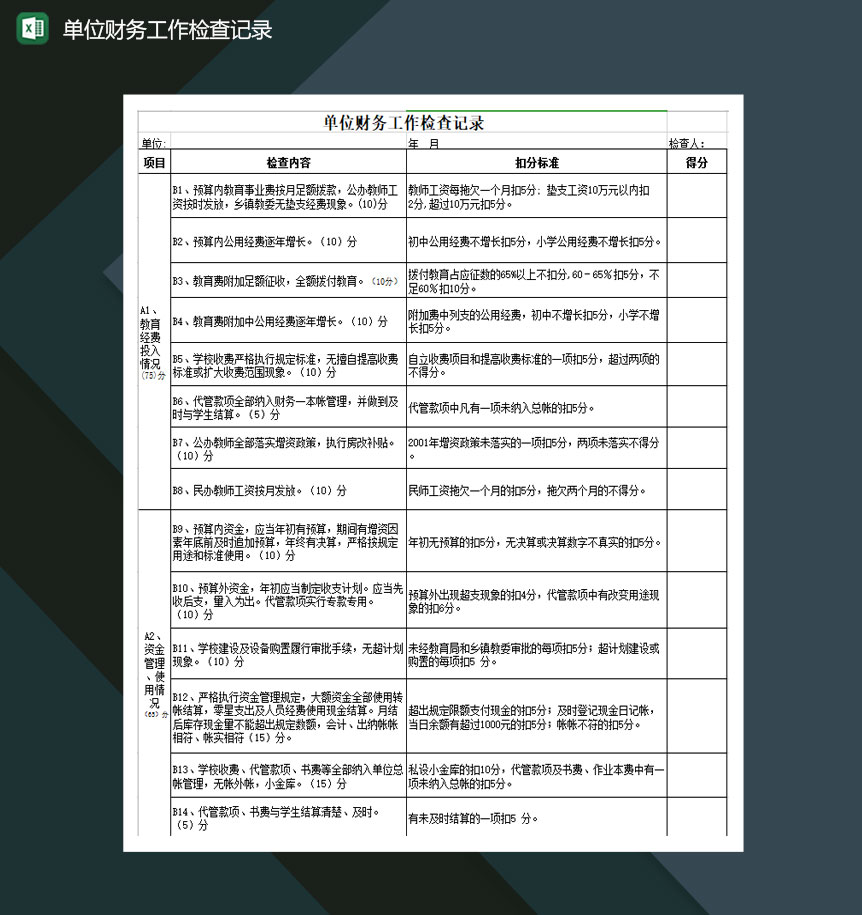 单位财务工作检查记录Excel模板