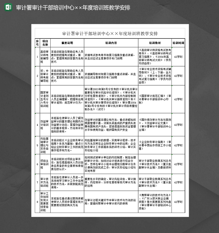 2020审计署审计干部培训中心培训班教学安排详情表Excel模板