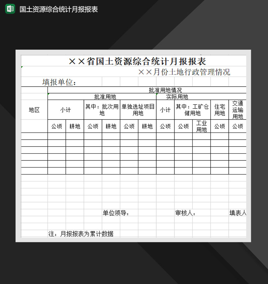 国土资源综合统计月报报表Excel模板