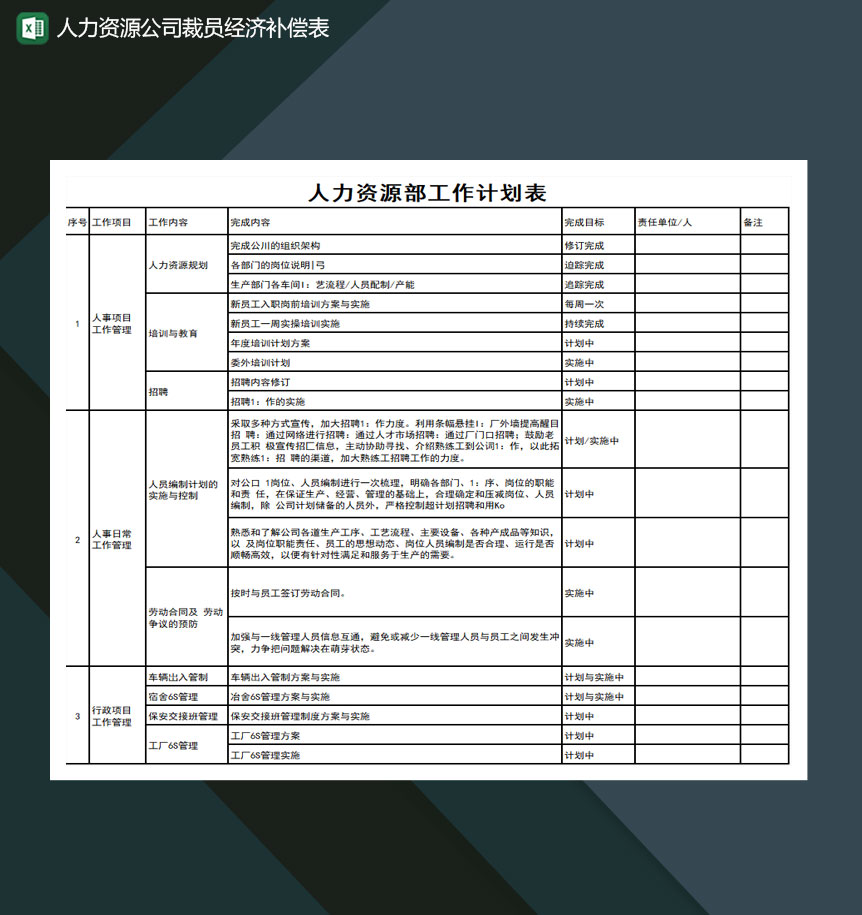 人力资源公司裁员经济补偿表Excel模板