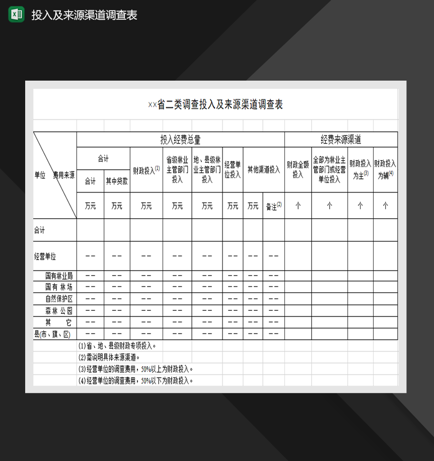 省二类调查投入及来源渠道调查表Excel模板