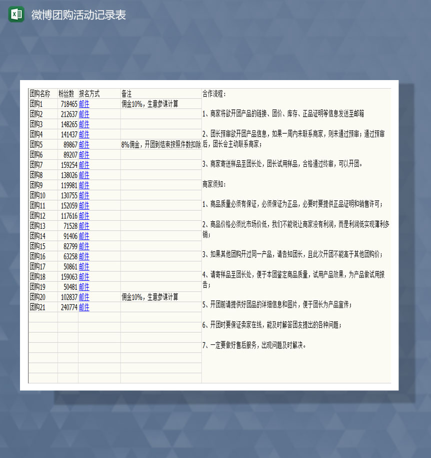 微博团购活动登记表Excel模板